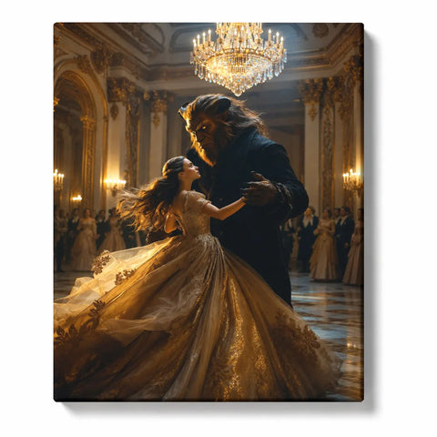 Beauty and the Beast inspired Paint by Numbers For Adults featuring woman in sweeping golden ball gown dancing with beast beneath crystal chandelier in candlelit palace ballroom