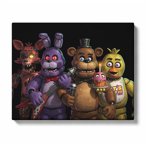 FNAF Paint by Numbers For Adults featuring Freddy Fazbear, Bonnie with guitar, Chica with cupcake and Foxy together against a dark horror game background