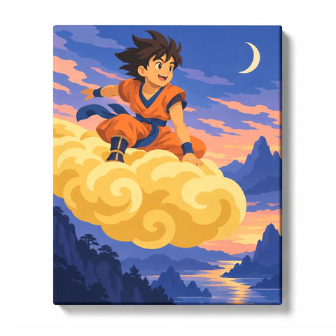 Goku Dragon Ball Paint by Numbers For Adults featuring Goku riding Flying Nimbus above colorful mountains and river beneath crescent moon