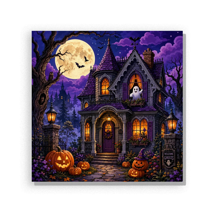 Purple haunted house with glowing windows, a ghost upstairs, jack-o’-lanterns, bats and a golden full moon in a detailed Halloween Paint by Numbers scene.
