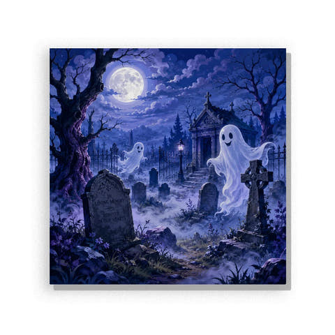 Ghost cemetery paint by numbers for adults featuring floating spirits, full moon, Gothic mausoleum, gravestones, stone crosses and twisted trees