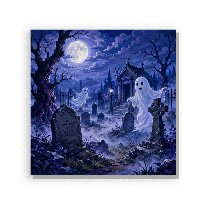 Ghost cemetery paint by numbers for adults featuring floating spirits, full moon, Gothic mausoleum, gravestones, stone crosses and twisted trees