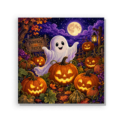 Halloween Paint by Numbers artwork of a smiling white ghost among glowing jack-o’-lanterns, autumn flowers and a Pumpkin Patch sign beneath a golden full moon.