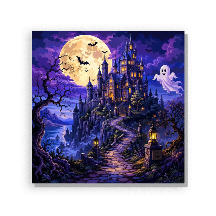 Haunted castle paint by numbers for adults featuring giant full moon, floating ghost, flying bats, Gothic towers and glowing lantern path
