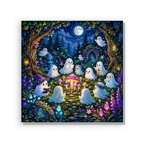 Friendly white ghosts gather around glowing mushrooms in a moonlit forest garden with flowers, crystals, hanging lanterns, a waterfall and a magical stone doorway.