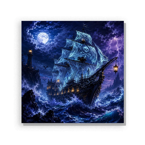 Halloween Paint by Numbers artwork of a ghost ship with glowing blue sails and a skull emblem amid stormy waves, moonlight, purple lightning and a distant lighthouse.