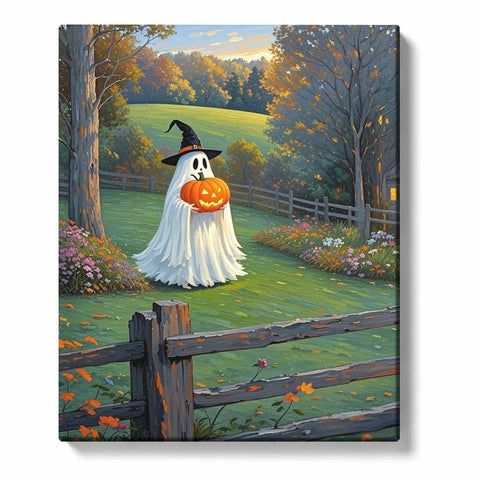 Halloween Ghost Paint by Numbers For Adults featuring friendly white ghost in witch hat holding glowing jack-o'-lantern in autumn meadow with wooden fences and fall trees