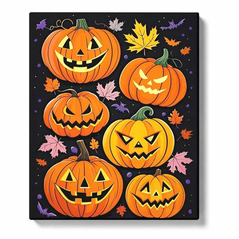 Halloween Paint by Numbers For Beginners featuring six orange jack-o'-lantern pumpkins with funny spooky faces, colorful autumn leaves and purple bats on black background