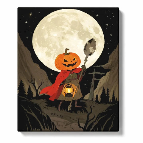 Halloween Paint by Numbers artwork of a pumpkin-headed wanderer in a red cape holding a lantern and a raised oval object beneath a giant full moon.