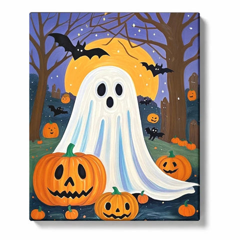 Halloween Ghost Paint by Numbers For Adults featuring friendly white ghost surrounded by orange jack-o'-lantern pumpkins, black bats, bare trees and gravestones