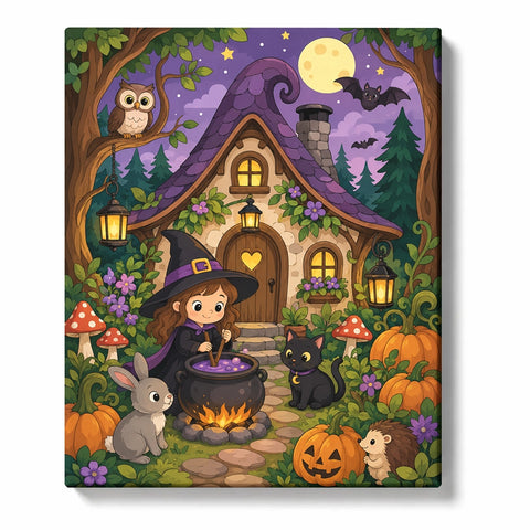 Little witch Halloween paint by numbers for beginners featuring magical cottage, cauldron, black cat, pumpkins, woodland animals and full moon