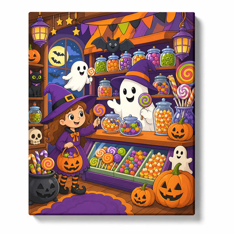 Halloween Paint by Numbers illustration of a little witch visiting a ghost candy shop filled with colorful sweets, pumpkin buckets, lanterns and purple decorations.
