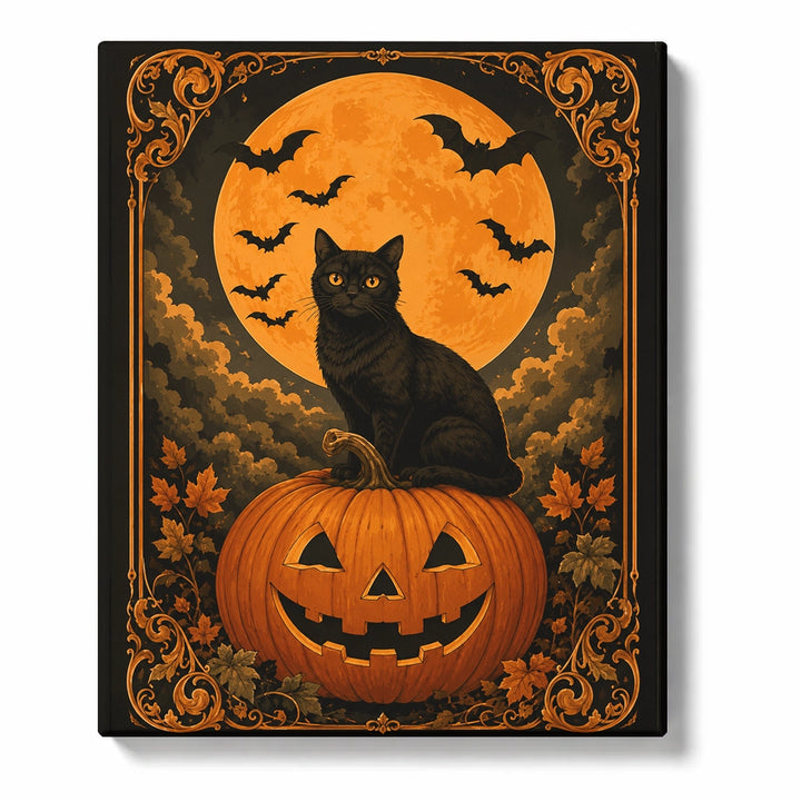 Paint by numbers cat for adults featuring black cat on jack-o'-lantern, giant orange full moon, flying bats and vintage Halloween border