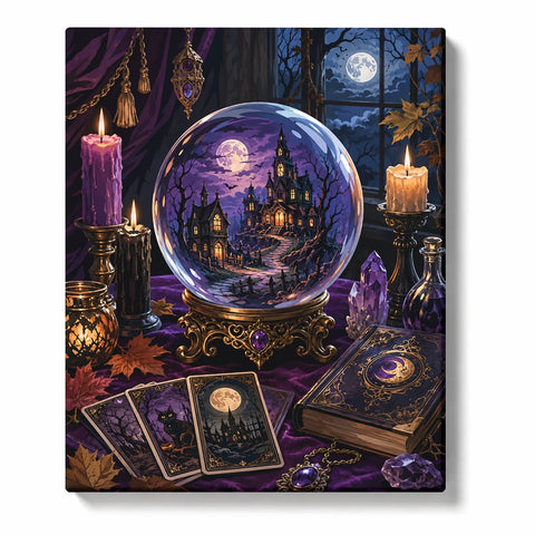 Halloween Paint by Numbers artwork of a crystal ball containing a moonlit castle, surrounded by candles, illustrated cards, purple crystals and an ornate book.