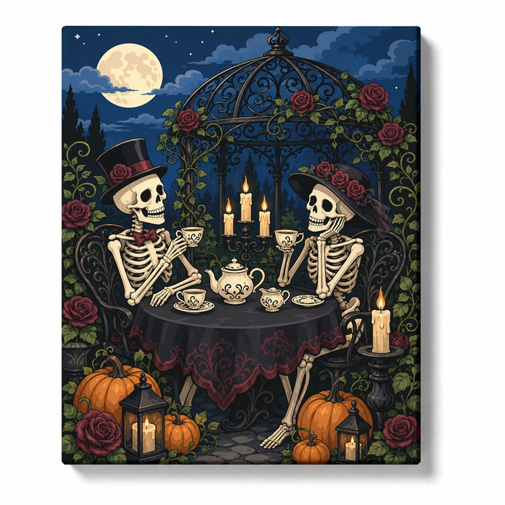 Gothic skeleton tea party paint by numbers for adults featuring two skeletons, candlelit tea table, red roses, pumpkins and full moon garden