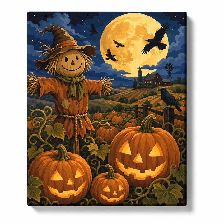 Scarecrow Halloween paint by numbers for adults featuring glowing jack-o'-lanterns, giant harvest moon, crows and autumn pumpkin field