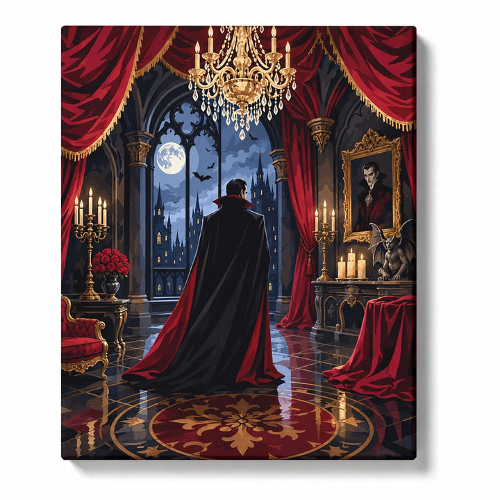 Gothic vampire paint by numbers for adults featuring black and red cape, crimson curtains, chandelier, candles and moonlit castle manor