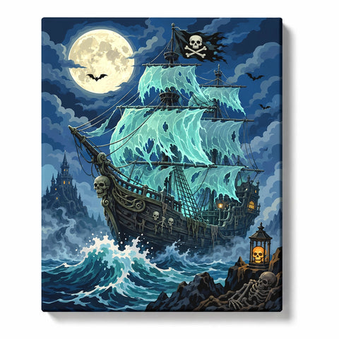 Ghost pirate ship with glowing turquoise sails and a skull flag riding moonlit waves, with bats, a distant castle and a skeleton beside a shoreline lantern.
