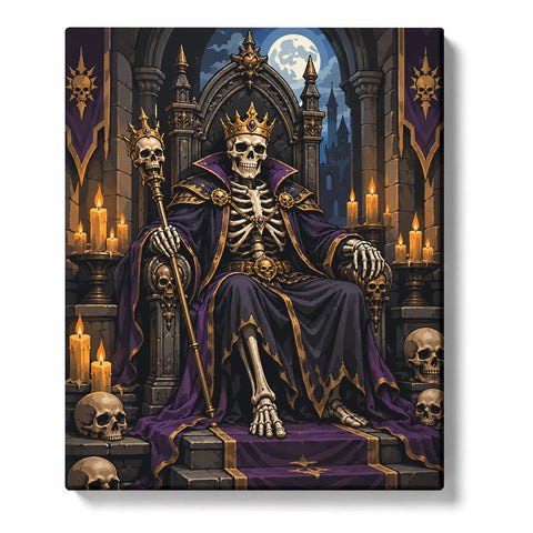 Crowned skeleton king in purple and gold robes seated on a gothic throne, holding a skull-topped scepter amid candles and skulls beneath a full moon.
