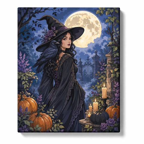 Dark-haired witch in a purple-flowered black hat with a raven on her shoulder, surrounded by pumpkins, candles and flowers beneath a full moon in a gated garden.