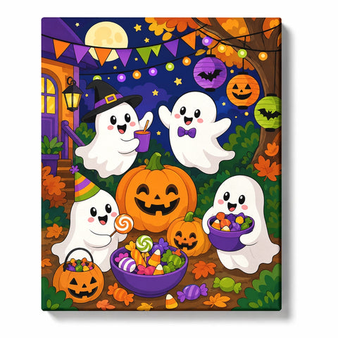 Halloween Paint by Numbers illustration of four smiling ghosts with pumpkins, candy bowls and lollipops beneath colorful bunting, lanterns and a full moon.