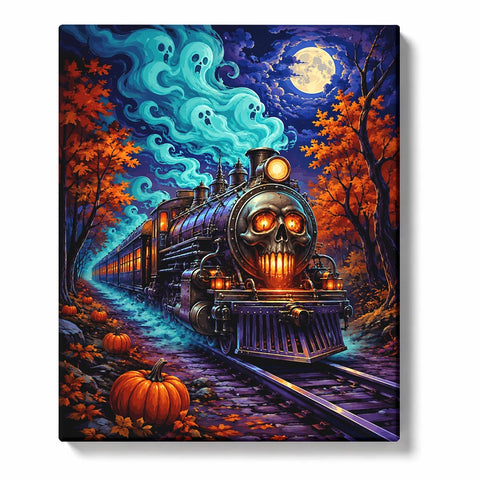 Halloween Paint by Numbers artwork of a skull-front steam train with glowing orange eyes, turquoise ghosts, autumn trees and pumpkins beneath a full moon.