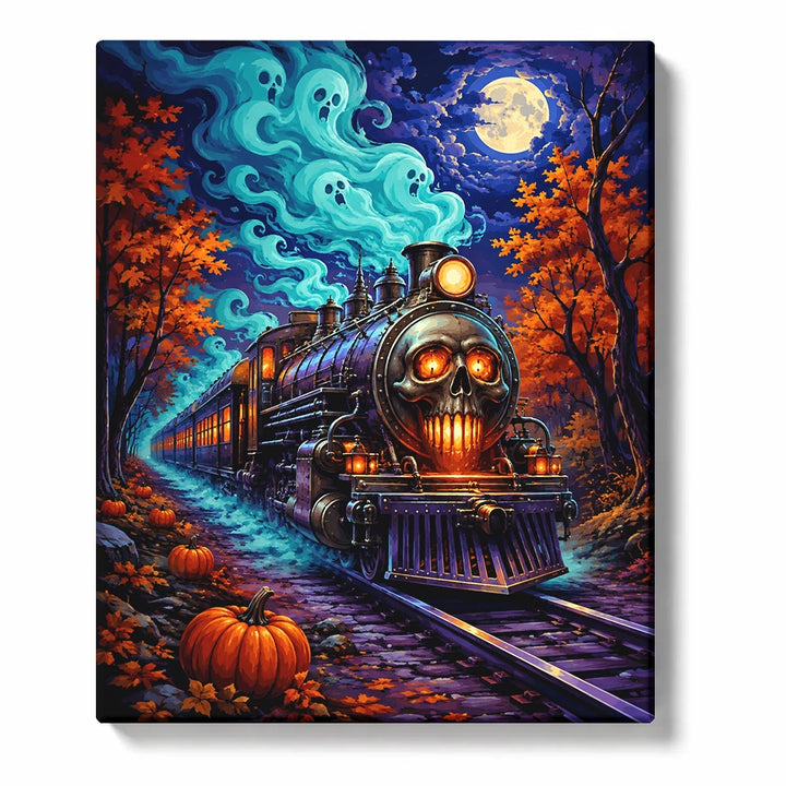 Halloween Paint by Numbers artwork of a skull-front steam train with glowing orange eyes, turquoise ghosts, autumn trees and pumpkins beneath a full moon.