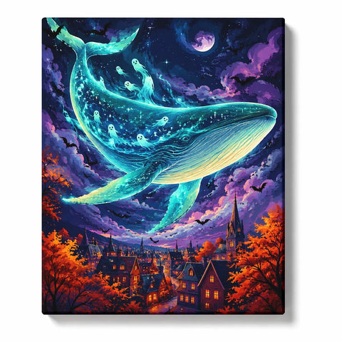 Ghost whale paint by numbers for adults featuring luminous turquoise whale, floating spirits, purple moon, autumn town and colorful night sky