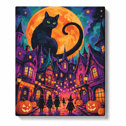 Halloween Paint by Numbers artwork of a giant green-eyed black cat against an orange moon above a purple village with glowing windows, pumpkins and tiny figures.