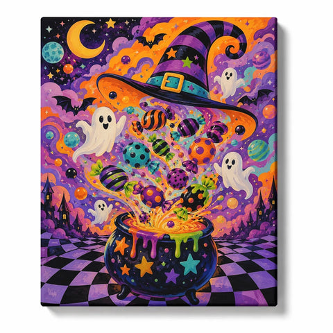 Halloween Paint by Numbers artwork of a striped witch hat floating above a candy-filled cauldron, surrounded by white ghosts, bats and a purple checkerboard floor.
