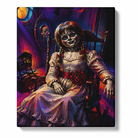 Halloween Paint by Numbers portrait of a creepy braided doll in a cream dress with red bows, seated in a wooden rocking chair inside a purple-lit room.