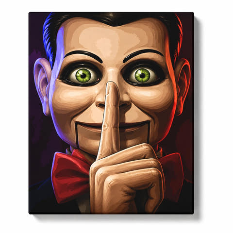 Slappy with a Hushing Gesture from Goosebumps Halloween artwork displayed on a white background