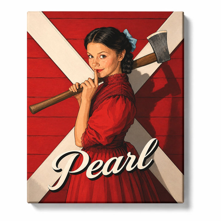 Pearl Holding an Axe in a Red Dress Halloween artwork displayed on a white background