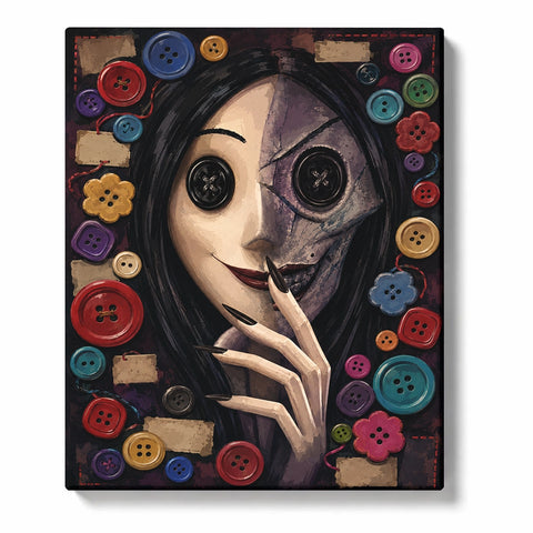 Halloween Paint by Numbers portrait of a black-haired woman with button eyes, a half-skull face and long black nails, surrounded by colorful buttons and fabric patches.