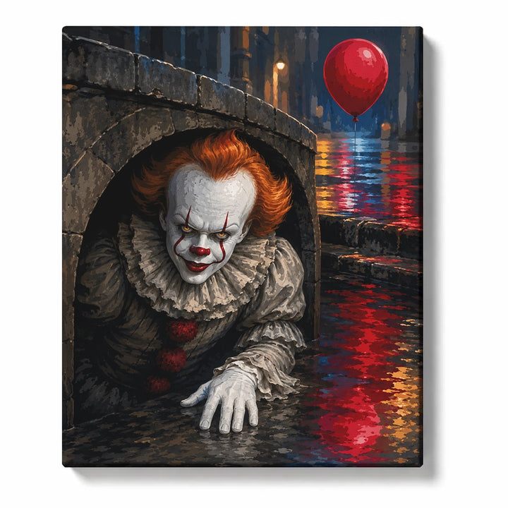 Pennywise Beneath a Stone Bridge with a Red Balloon Halloween artwork displayed on a white background