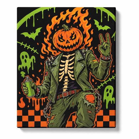 Halloween Paint by Numbers artwork of a flaming pumpkin-headed punk in a studded green jacket, holding a spray can and raising two fingers against a graphic black background.