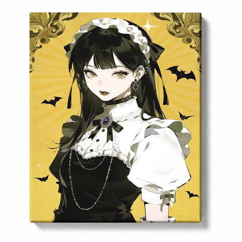 Gothic anime woman with long black hair and green eyes wearing a black-and-white ruffled maid outfit, surrounded by bats on an ornate golden background.