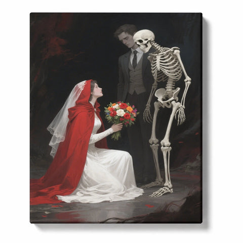 Gothic Halloween Paint by Numbers artwork of a bride in a red cape and white gown holding flowers beside a skeleton, with a shadowed man behind them.