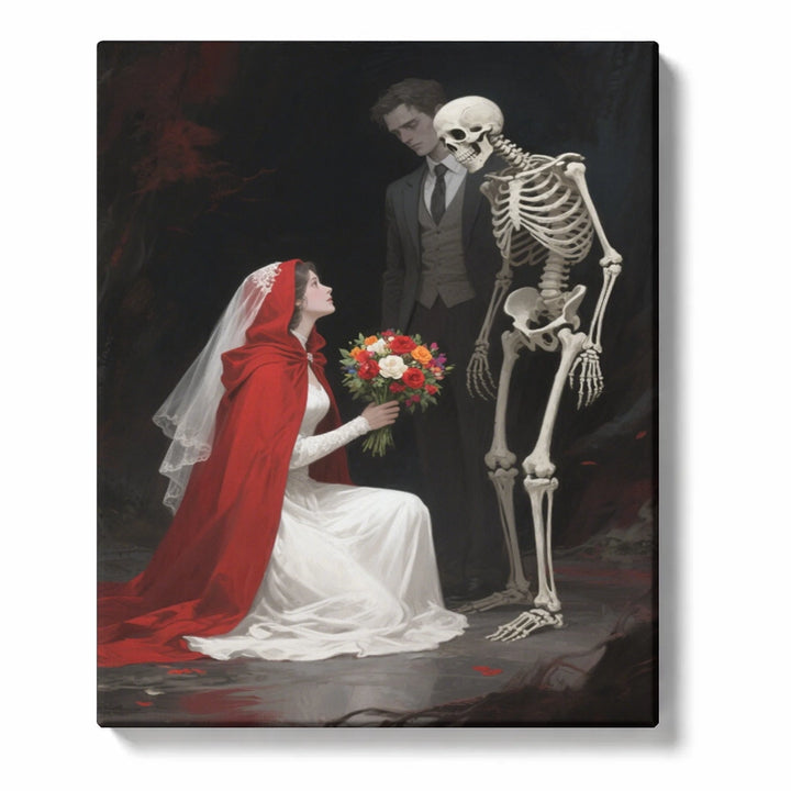 Gothic Halloween Paint by Numbers artwork of a bride in a red cape and white gown holding flowers beside a skeleton, with a shadowed man behind them.