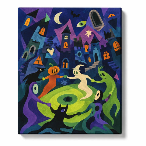 Halloween Paint by Numbers artwork of colorful ghosts holding hands around a giant green eye beneath a crooked castle with orange windows, bats and a crescent moon.
