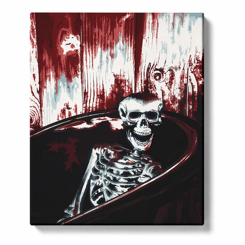 Halloween Paint by Numbers artwork of a grinning skeleton reclining in a dark bathtub, with ghostlike faces in a streaked burgundy, white and pale blue background.