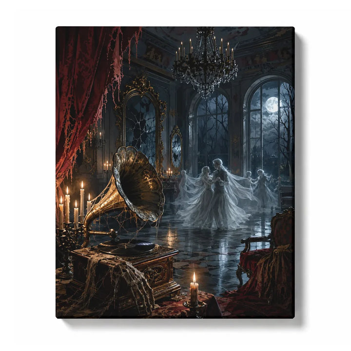 Ghost ballroom paint by numbers for adults featuring spectral dancers, antique gramophone, chandelier, candles and moonlit Gothic mansion interior