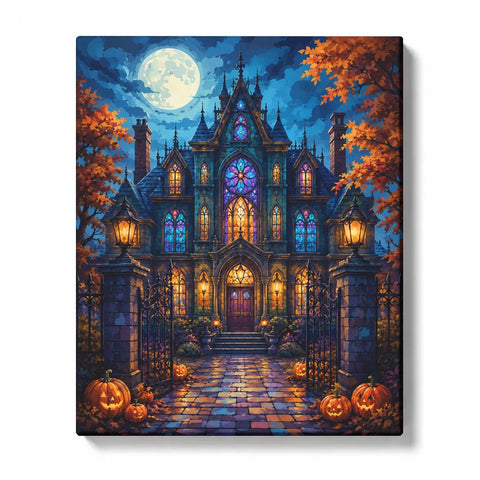 Moonlit gothic manor with colorful stained-glass windows, lantern-lit iron gates and a cobblestone path, framed by orange autumn trees and glowing jack-o’-lanterns.