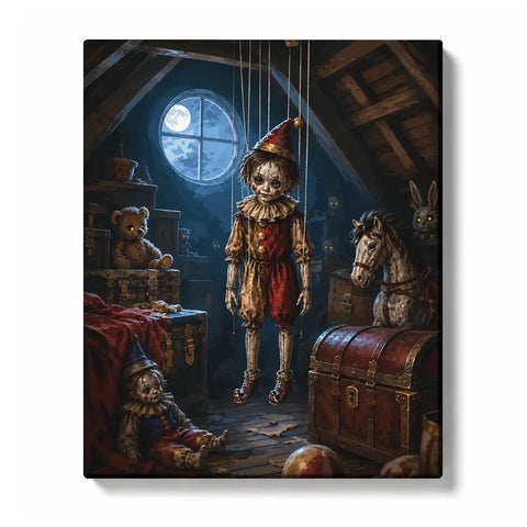 Haunted puppet attic paint by numbers for adults featuring creepy marionette, antique toys, rocking horse, wooden chest and moonlit Gothic room