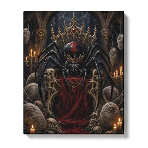 Gothic spider queen paint by numbers for adults featuring crowned black spider, skulls, cobwebs, red throne and candlelit crypt