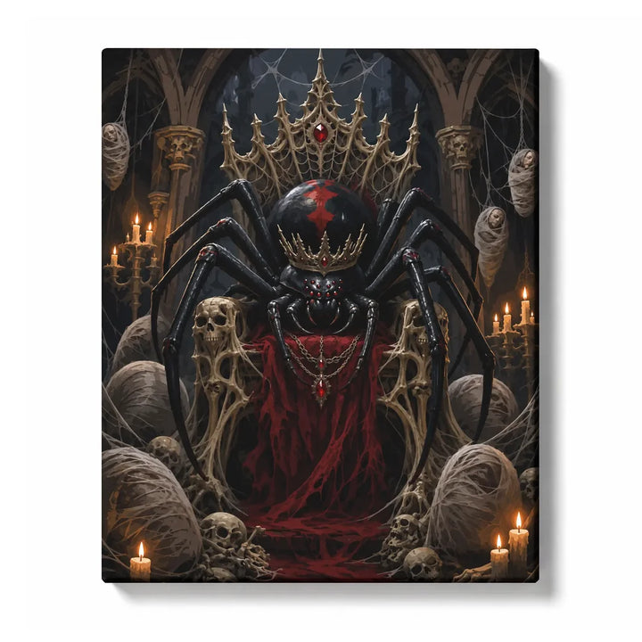 Gothic spider queen paint by numbers for adults featuring crowned black spider, skulls, cobwebs, red throne and candlelit crypt
