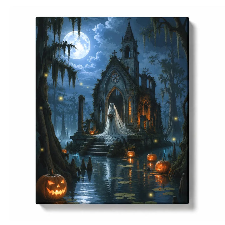 Ghost bride paint by numbers for adults featuring abandoned Gothic chapel, full moon, swamp reflections, pumpkins and haunted forest at night