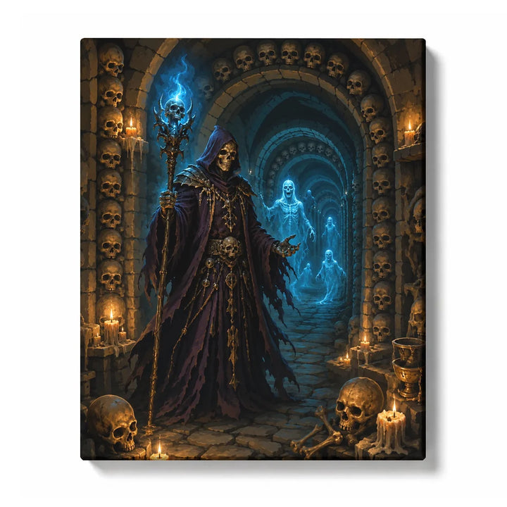 Necromancer skull crypt paint by numbers for adults featuring hooded skeleton, blue flame staff, ghostly spirits, skull walls and candlelit Gothic dungeon
