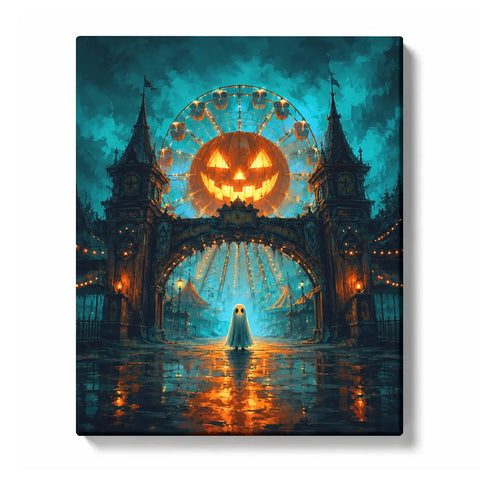 Halloween Paint by Numbers artwork of a lone ghost beneath a Gothic amusement-park gate, with a glowing pumpkin Ferris wheel and orange reflections on wet pavement.