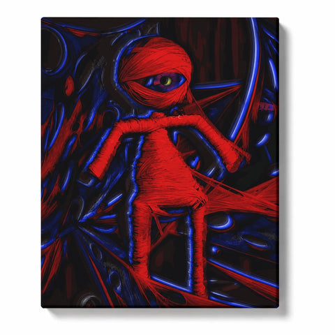 Halloween Paint by Numbers artwork of a red-wrapped doll with one yellow-green eye, surrounded by twisting black forms outlined in electric blue.